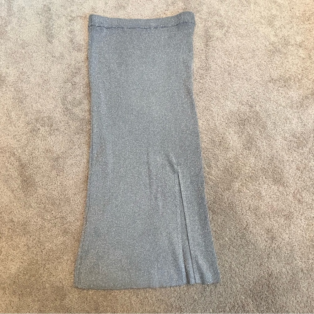 Zara metallic silver thread gray knit midi pencil skirt side slit Sz L NWOT - Picture 5 of 10